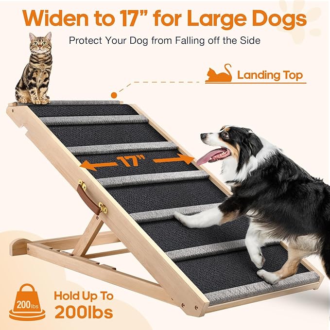 Dog Ramp for Bed - Extra Wide - Excellent Traction, Pet Ramp for Small Large Dogs to Get on Couch Car, Non-Slip Rubber Surface, 17’’W, Hold up to 200lb, Adjustable, Foldable (200LBS)-PawvioPets