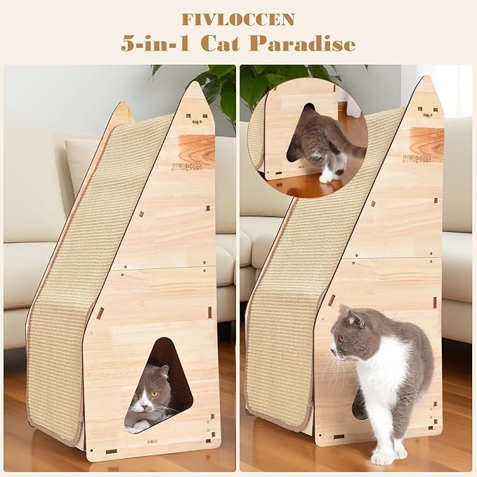24in Multi-Functional Cat Furniture: Sisal Scratching Posts & Sturdy 3D Wood Frame for Indoor Cats, Integrated Cat Condo Hideout Tunnel All-in-One Space Saver for Multi-Cat & Budget-Friendly-PawvioPets