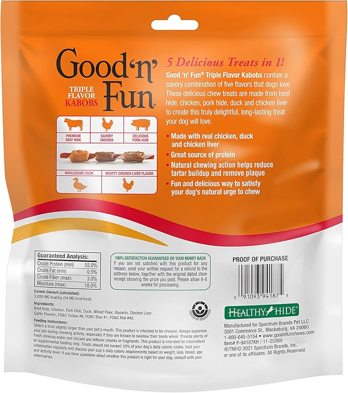 Good'n'Fun Triple Flavored Rawhide Kabobs for Dogs, 24 oz, 36 Count, 2 Pack-PawvioPets