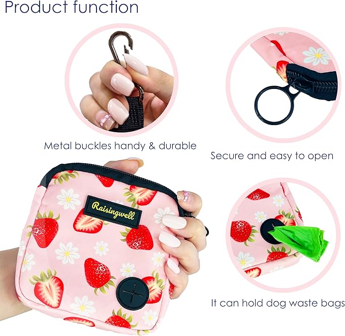Dog Treat Pouch for Pet Walking and Training with Clicker Poop Bags Small Fanny Zipper Pack Holder for Puppy Snack Dispenser Kit for Leash and Outdoor Use (Strawberry)-PawvioPets