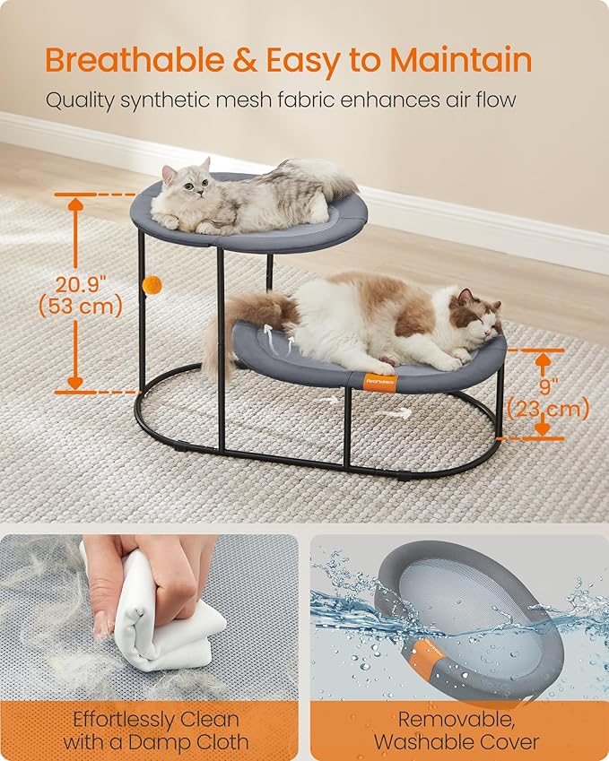 Feandrea 2-Tier Elevated Cat Hammock Bed, Breathable Furniture for Multi-Cat Households Indoor and Outdoor, with Removable Washable Mesh, Steel Frame, for Summer, Dove Gray UPCB012G01-PawvioPets