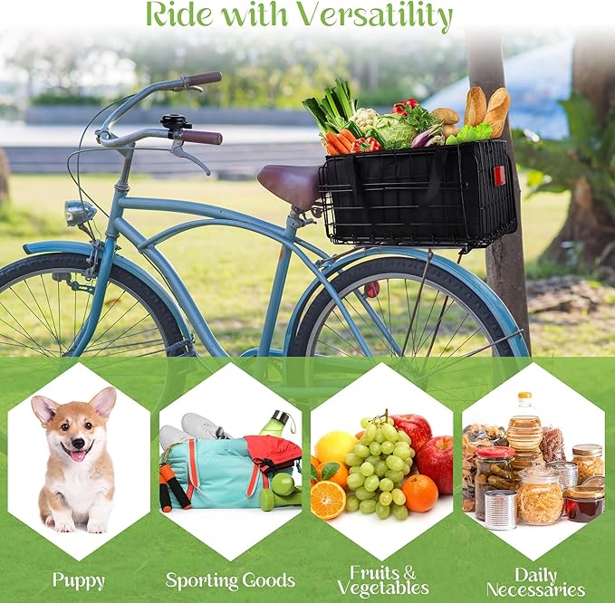 Aodaer Bike Basket with Removable Liner Bag Cargo Net Large Folding Bike Basket Quick Release Metal Ebike Basket Bicycle Storage Basket for Carrying Fruit & Grocery Pets Dogs-PawvioPets