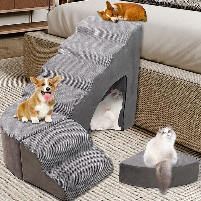 Foam Dog Stairs & Steps Ramps for High Beds 30 inches Tall for Small Dogs and Cats, LitaiL 6 Step Pet Stairs Steps for High Beds 30 inch Large Dogs, Non-Slip Dog Ramps for Older Cat-PawvioPets