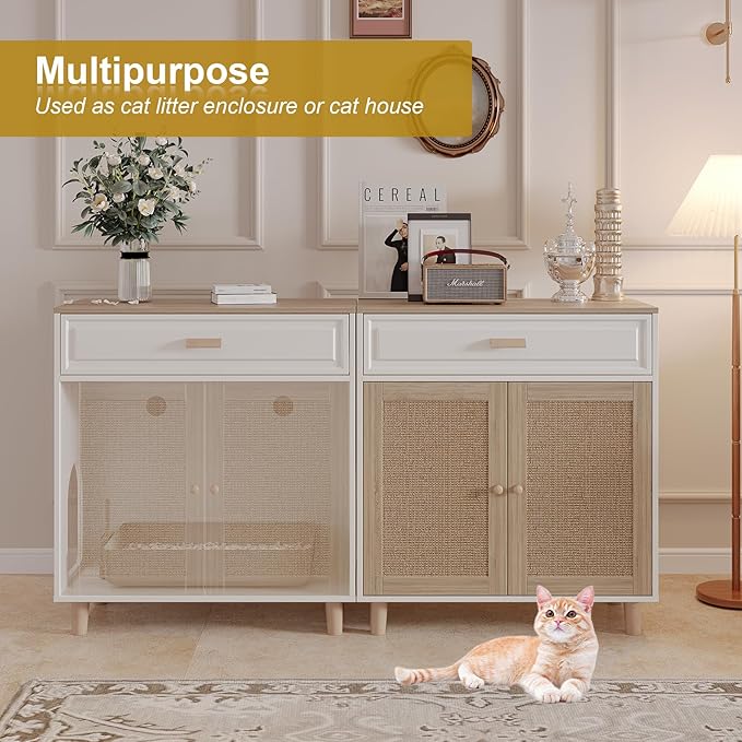 Cat Litter Box Enclosure Furniture Hidden Indoor 2-in-1 Wooden Cat House & Washroom Cabinet with Scratching Board Doors and Drawer, 31.5"x15.7"x34.6"H-PawvioPets