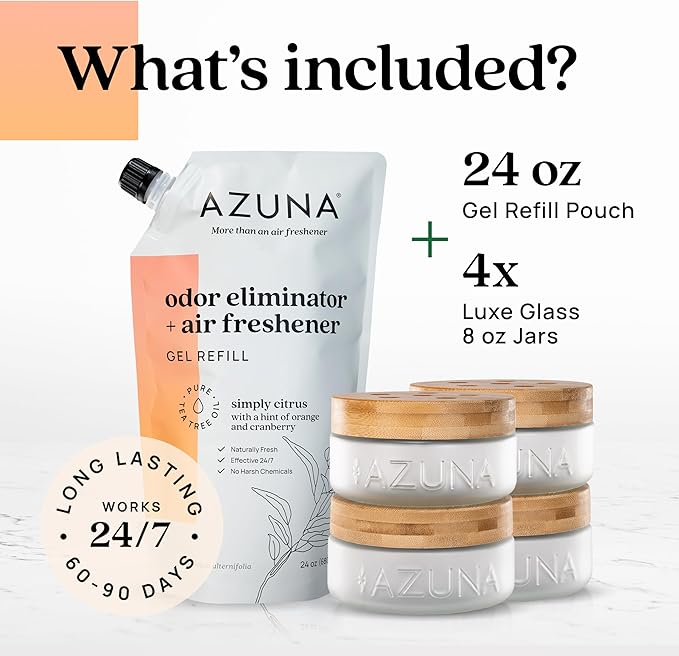 Azuna Air Freshener & Odor Eliminator for Strong Odor | 4 Room Kit Includes (4) Empty Luxe Glass Jar & 24oz Gel Refill with Tea Tree Essential Oil | Simply Citrus | Last 60-90 Days-PawvioPets