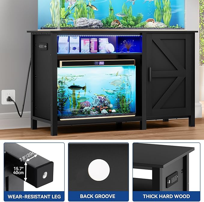 Aquarium Stand for 55-75 Gallon Fish Tanks with RGB Light Strip Black Modern Contemporary Wood-PawvioPets