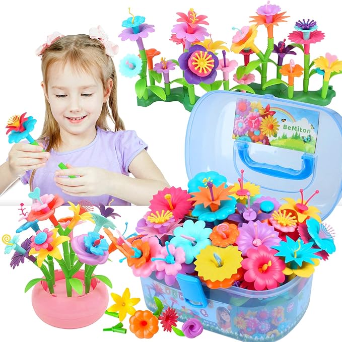 BEMITON Flower Building Toy Set for Girls, Best Birthday Gifts for 3 4 5 6 7 Year Old Kids, Arts and Crafts Kit for Toddlers, STEM Activities and Gardening Pretend Playset, 148 pcs-PawvioPets