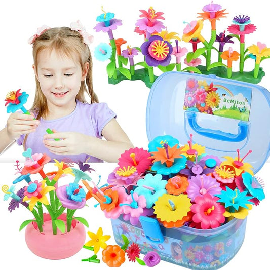 BEMITON Flower Building Toy Set for Girls, Best Birthday Gifts for 3 4 5 6 7 Year Old Kids, Arts and Crafts Kit for Toddlers, STEM Activities and Gardening Pretend Playset, 148 pcs-PawvioPets