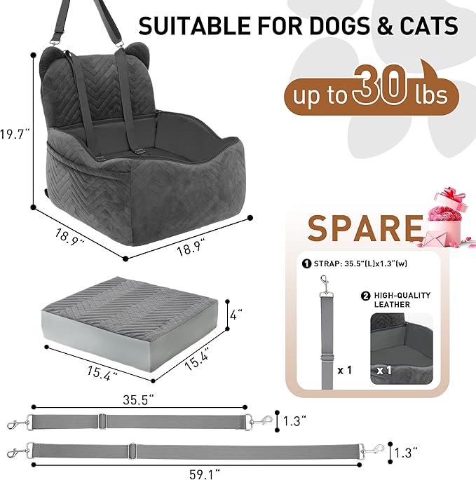 Dog Car Seat Booster with Waterproof Cover, Memory Foam, Small/Medium Dog Bed for Car Back Seat for Travel, Grey, 2 Safety Belt-PawvioPets
