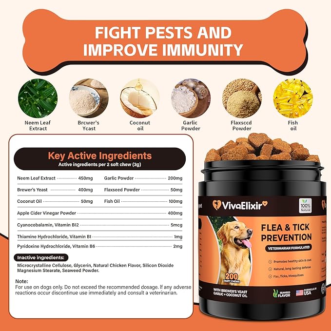 Flea and Tick Prevention for Dogs – 200 Soft Chews - Dog Flea and Tick Treatment & Oral Flea Pills – Skin & Coat Health - Made in USA - for Small, Medium, Large Dogs-PawvioPets