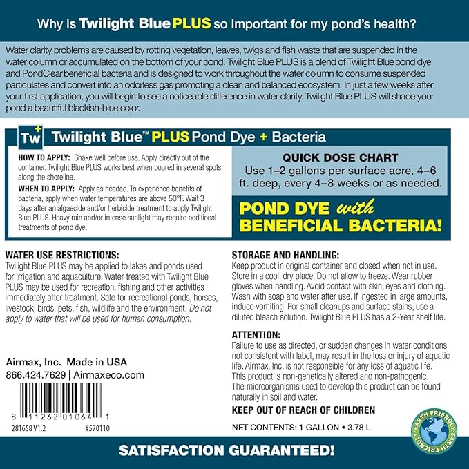 Airmax Pond Dye Plus, Twilight Blue Colorant & Natural Beneficial Bacteria, Large Pond & Lake Water Clarifier & Color Treatment, Shade Plants & Algae from Sunlight, Fish & Livestock Safe, 4 Gallons-PawvioPets
