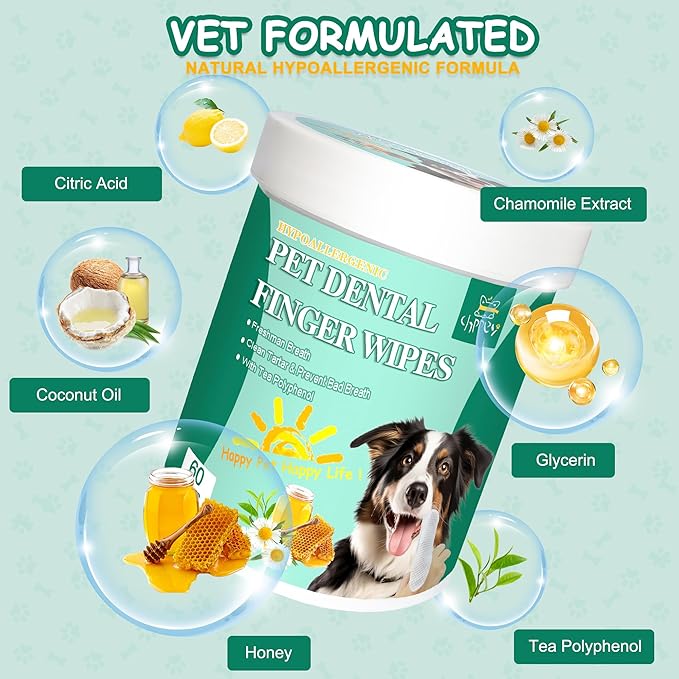 60 Count Dog Dental Wipes - Teeth Cleaning Finger Wipes for Dogs & Cats, Hypoallergenic Dog Toothbrush Finger Dental Wipes to Remove Plaque & Tartar, Freshen Bad Breath, Gentle Cleaning(4.7″*1.7″)-PawvioPets