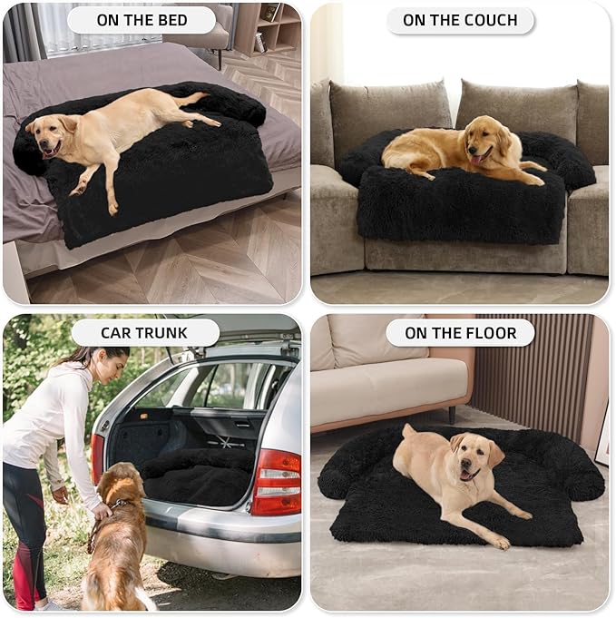GGIB Calming Dog Bed Fluffy Plush Dog Mat for Furniture Protector with Removable Washable Cover for Large Medium Small Dogs and Cats (Extra Large (53x39.3x6), Black)-PawvioPets
