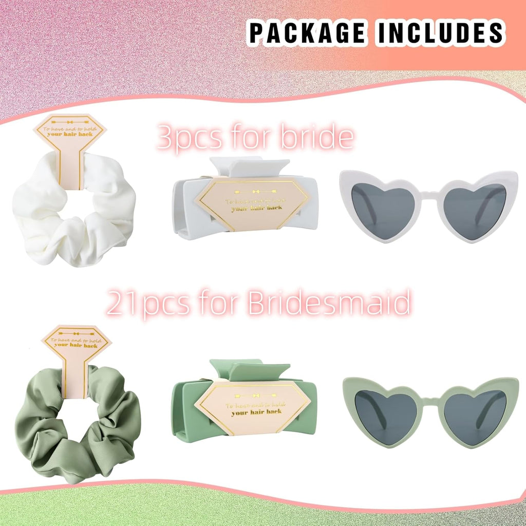 Bridesmaid Scrunchies Proposal Gifts Bachelorette Hair Claws Clips Girls heart sunglasses for Wedding Party Favors (White&Pink)
