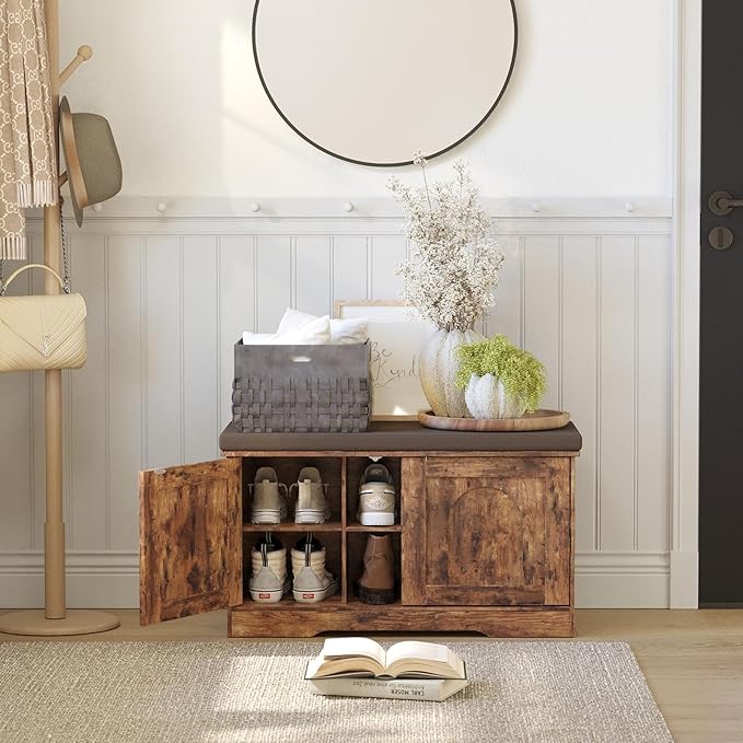 DINZI LVJ Shoe Bench, Entryway Storage Bench with Doors, Cushion, 2-Tier Shoe Rack with 6-Cubby, 31.5”L x 13.8”W Shoe Organizer Cabinet, Adjustable Shelf, Living Room, Bedroom, Rustic Brown-PawvioPets