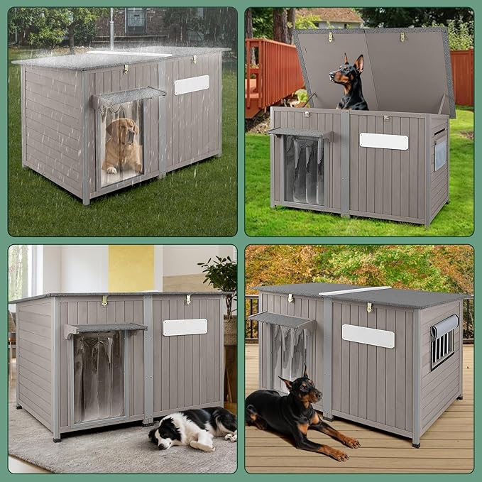 55" Extra Large Outdoor Dog House Weatherproof Wooden Doghouse Indoor for Large Breed Dogs with Anti Bite Frames with Window,10 Elevated Feet, Reinforced Bottom for Pet Up to 220LBS-PawvioPets