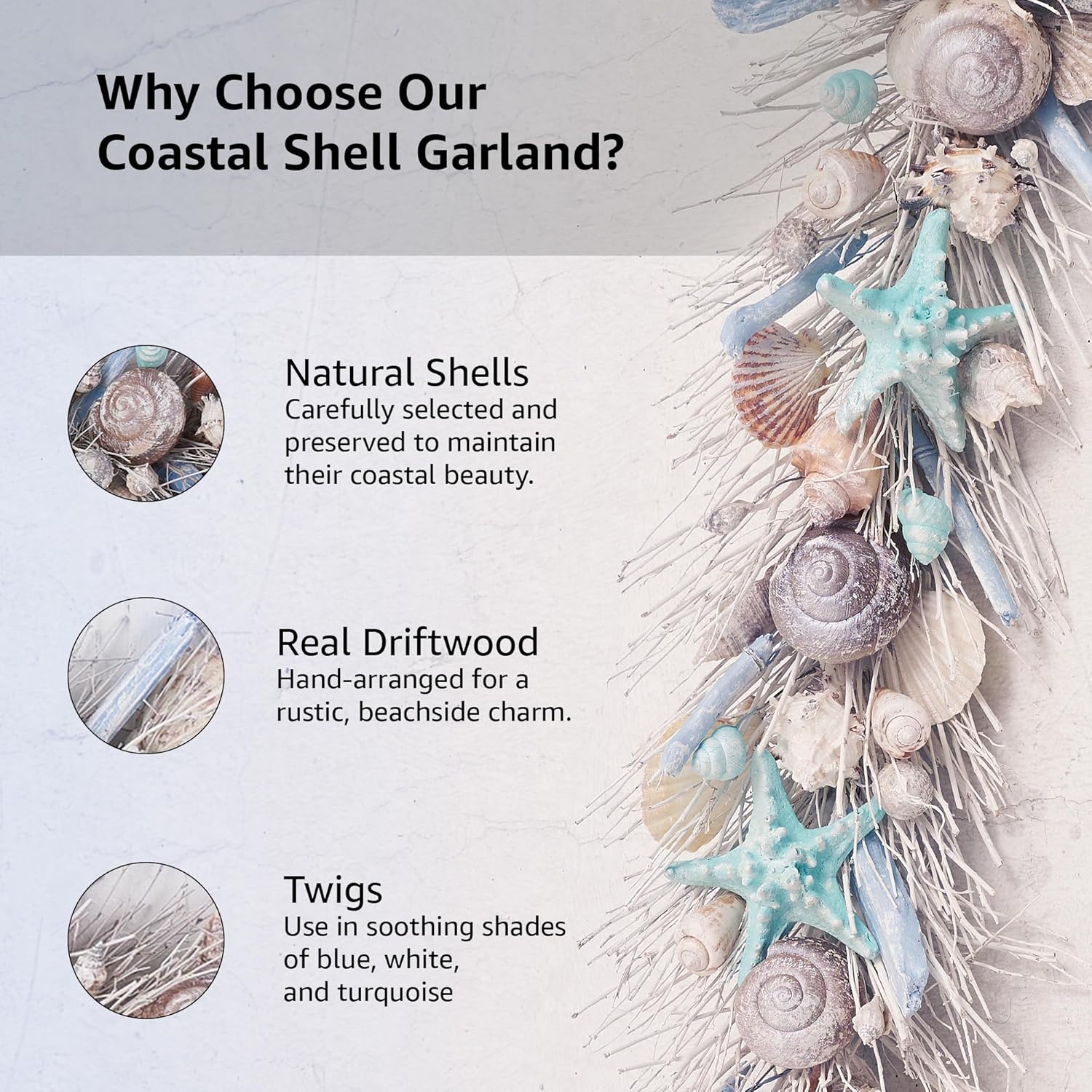 HOLIDAY TREE Handcrafted 48'' Shell Coastal Summer Garland for Home, Staircase, Wall, Hallway and More