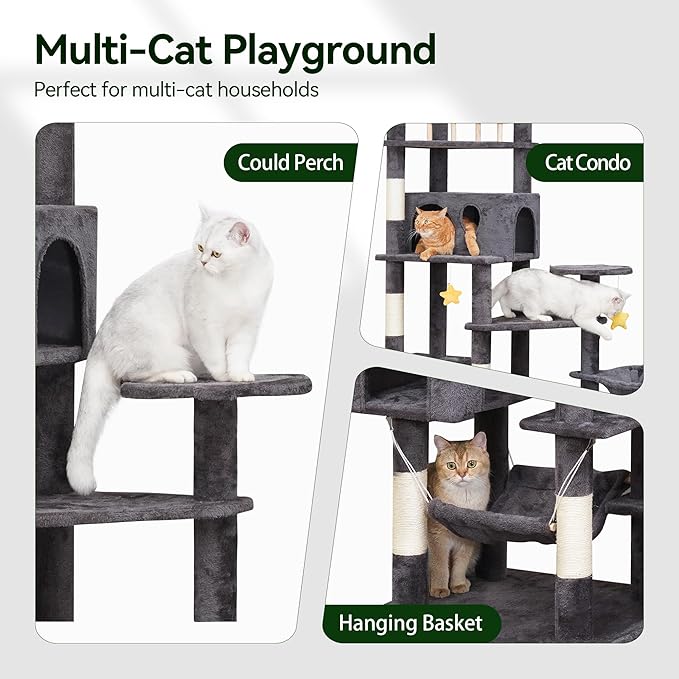 85in Giant Cat Tree for Heavy Duty Big Cats, Large Cat Trees with Scratching Post, Cat Tree Tower with Cat Condos, Hammock & Plush Perch for Maine Coon, Smoky Gray-PawvioPets