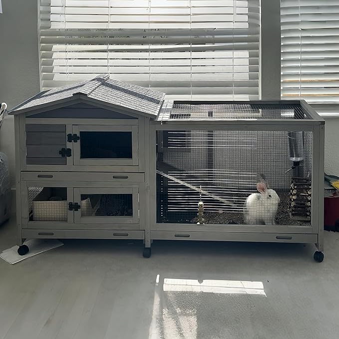 Aivituvin Rabbit Hutch Outdoor Rabbit Cage Indoor with Casters Bunny Cage Chikcen Coop for Small Animals with Pull-Out Tray(Grey)-PawvioPets