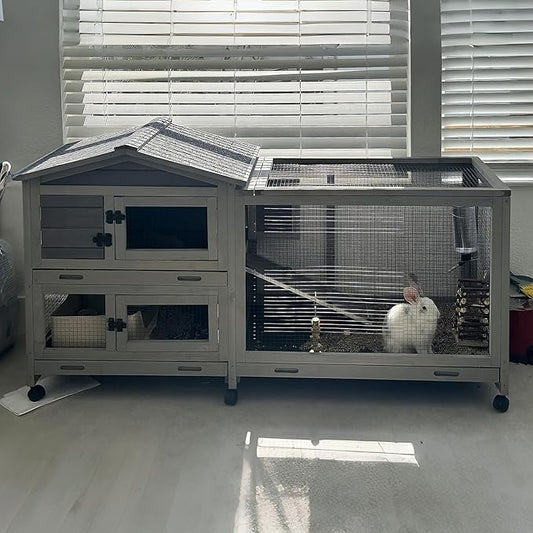 Aivituvin Rabbit Hutch Outdoor Rabbit Cage Indoor with Casters Bunny Cage Chikcen Coop for Small Animals with Pull-Out Tray(Grey)-PawvioPets