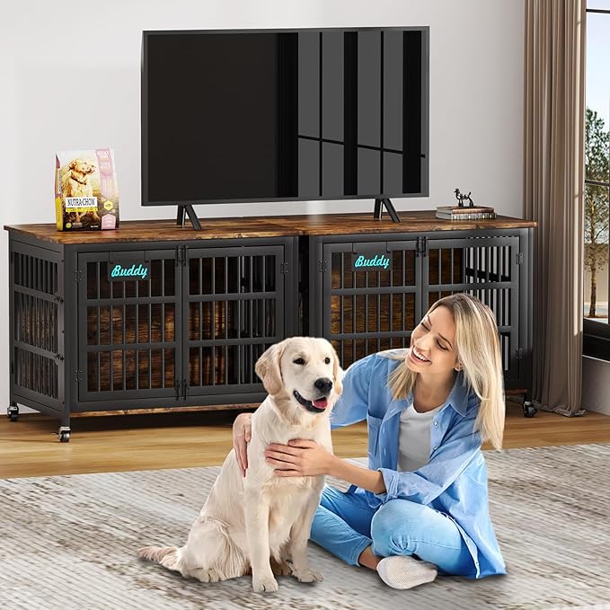 EasyCom 42"/41"/33" Dog Crate Furniture with Name Tag, XL Heavy Duty Dog Kennel Indoor for Large and Medium Dogs, Double-Doors Sturdy Dog Cage for Anxiety Dog, Decorate House as TV Stand-PawvioPets