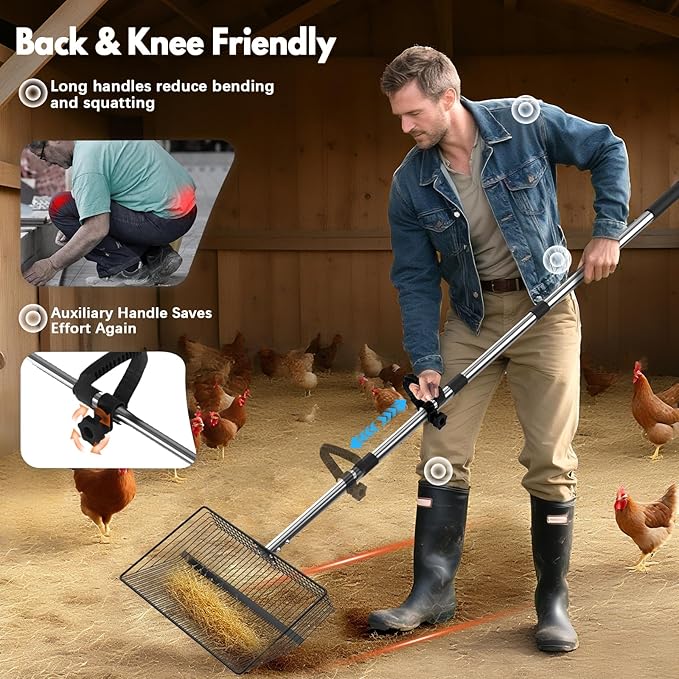 15inch Large Chicken Poop Scooper, 2 Slot Widths (0.16"&0.28"), 39" to 76" Adjustable Stainless Steel Handle, Sifting Litter Shovel for Chicken Coop/Stables/Farm Cleaning(with Effortless Grip)-PawvioPets