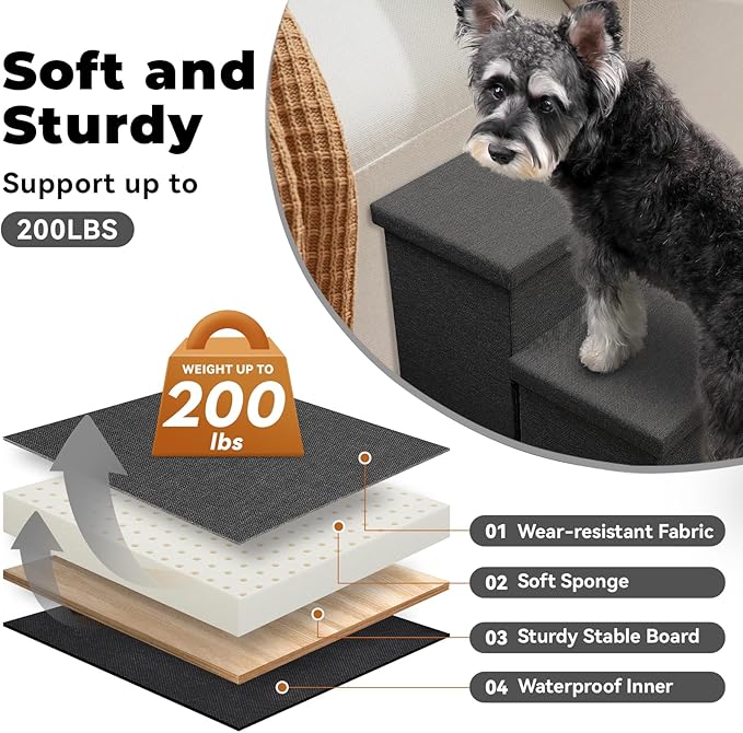 Dog Stairs with Storage 18" H, 3-Step Wider Dog Steps for Small/Medium/Large Old Dogs Cats, Folding Sturdy Pet Stairs Climbing Bed Couch, Ramp for Car Hold Up to 200 lbs (Dark Grey, No Condo)-PawvioPets