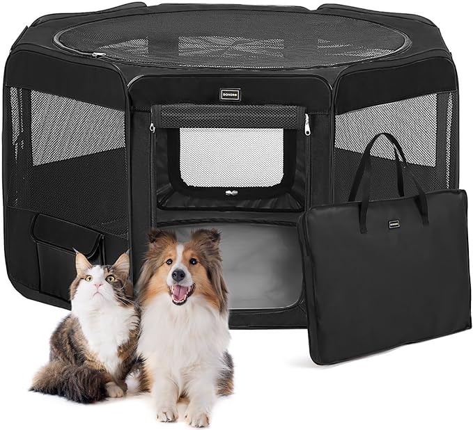 DONORO Dog Playpen Portable Pet Play Pens for Small Dog/Cat/Rabbit/Chicks, Cat Playpen Indoor/Outdoor with Carring Case, Removable Zipper Top and Bottom (Black, Medium (36"x36"x20"), 8)-PawvioPets