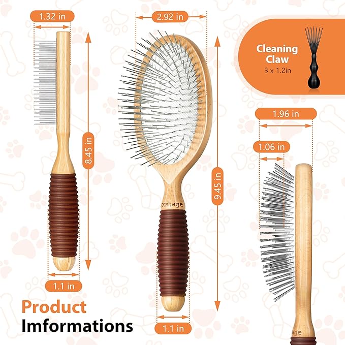 Dog Brush for Long Haired Dogs, 27mm Extra Long Metal Pin Dog Deshedding Brush and Comb Set, Short Haired Shedding Grooming Detail Pets Brush Set with Rubber Handle-PawvioPets