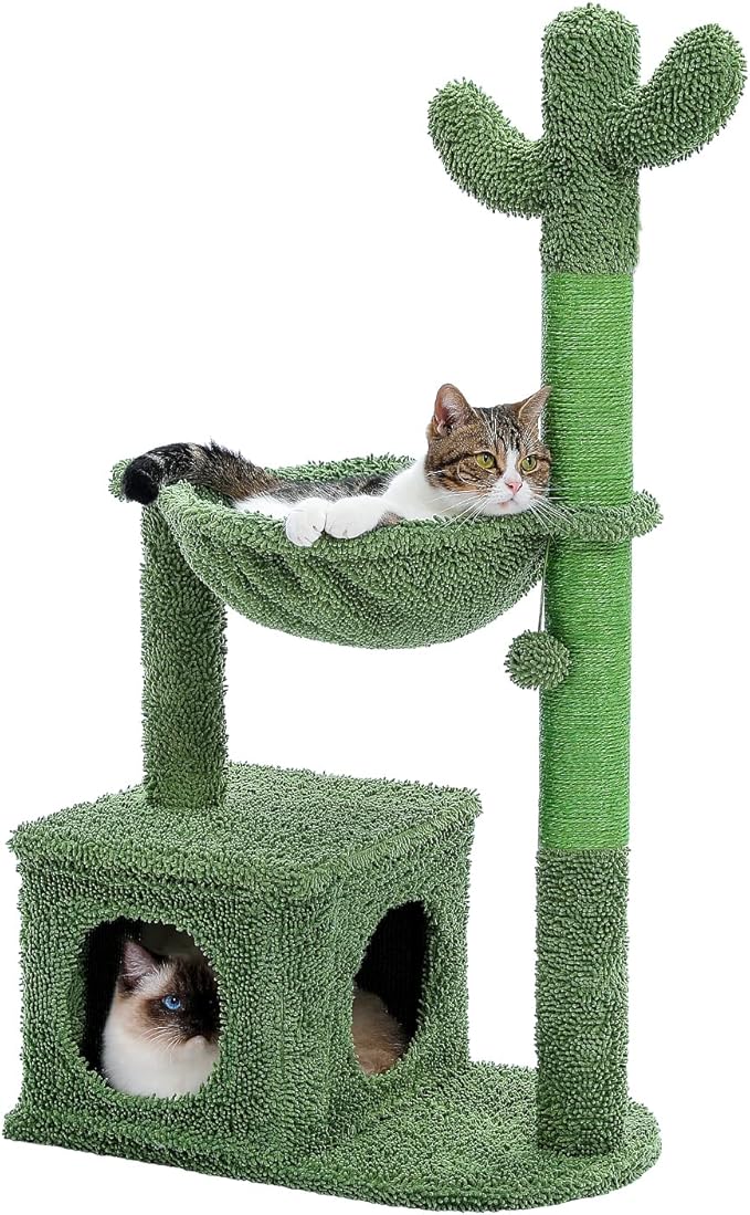Cactus Cat Tree 40" Cat Tower with Large Metal Carpet Hammock, Cat Scratching Post for Indoor Cats with Condo & Replaceable Toy Ball, Green-PawvioPets