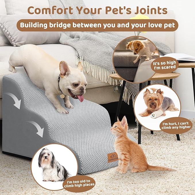 Dog Ramp and Stair for Bed 16" H-20 H,3-Step Cat Stair for Sofa and Chair,4-Step Dog Ramp for High Bed and Window,Durable Nonslip Fabric Cover for Indoor (Light Grey-16 H, Pet Friendly, 3)-PawvioPets