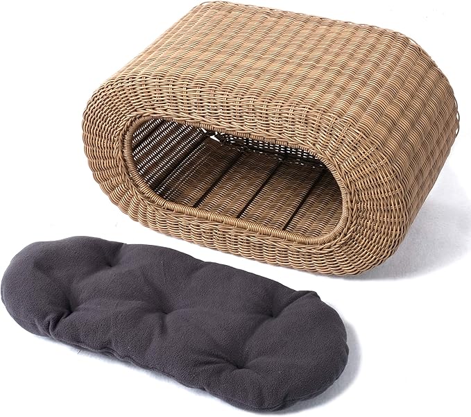 Fun Stackable Wicker Cat Hideaway House - Interactive Play Rattan Cat House for Indoor Cats Kitty, Pet Friendly Top/Side House Entry, Cat Bed Enclosed-PawvioPets