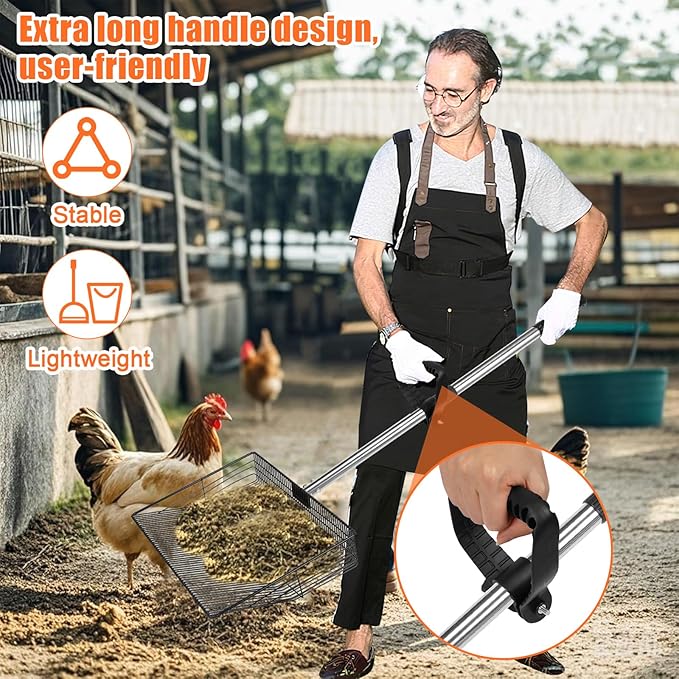 15 inch Large Chicken Poop Scooper with Ergonomic Grip, 6 in 1 Detachable Chicken Scooper for Poop Shovel (20 to 79"), Stainless Steel Sifting Shovel for Chicken Coop/Goat Stall/Stable Cleaning Tool-PawvioPets