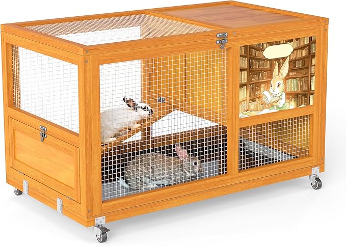 COZIWOW Wooden 36Inches Rabbit Hutch Indoor with Wheels Bunny Cage Outdoor Rabbit Cage with Clean Tray, Openable Roof, Anti-Slip Ramp for Small Bunny (Orange with Pattern)-PawvioPets