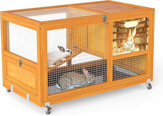 COZIWOW Wooden 36Inches Rabbit Hutch Indoor with Wheels Bunny Cage Outdoor Rabbit Cage with Clean Tray, Openable Roof, Anti-Slip Ramp for Small Bunny (Orange with Pattern)-PawvioPets