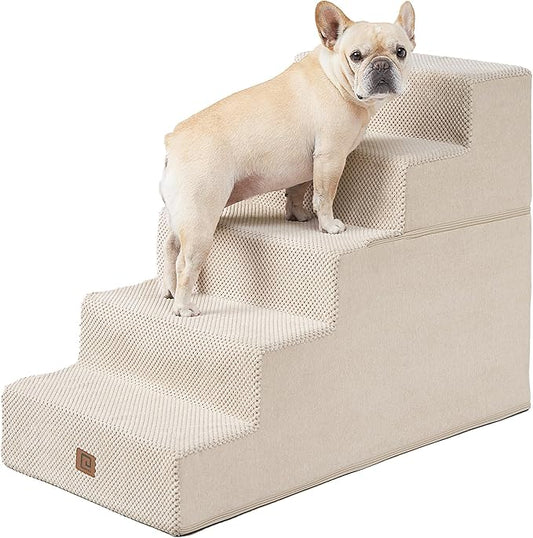 EHEYCIGA Dog Stairs for High Bed 25" H, 5-Step Extra Wide Dog Steps for Bed, Pet Steps for Small Dogs and Cats, Non-Slip Balanced Pet Ramp Indoor, Beige-PawvioPets