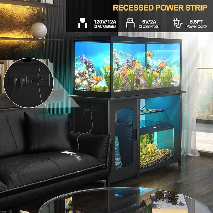 55-75 Gallon Fish Tank Stand with Power Outlets & LED Light, Reversible Heavy Duty Metal Aquarium Stand with Cabinet for Fish Tank Accessories Storage, Turtle/Reptile Terrariums, Black-PawvioPets