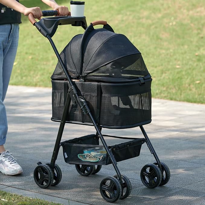 3 in 1 Pet Stroller with Removable Carrier, Folding Stroller for Small/Medium Dogs and Cats, Waterproof, All-Terrain, with Sun Shades, Car Seat-PawvioPets