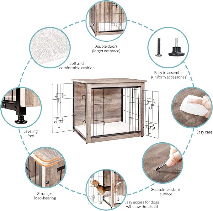 DWANTON Dog Crate Furniture with Cushion, Wooden Kennel Table with Double Doors, Indoor Dog House, Small/Medium/Large/Extra Large Size, 27.2" L, Greige-PawvioPets