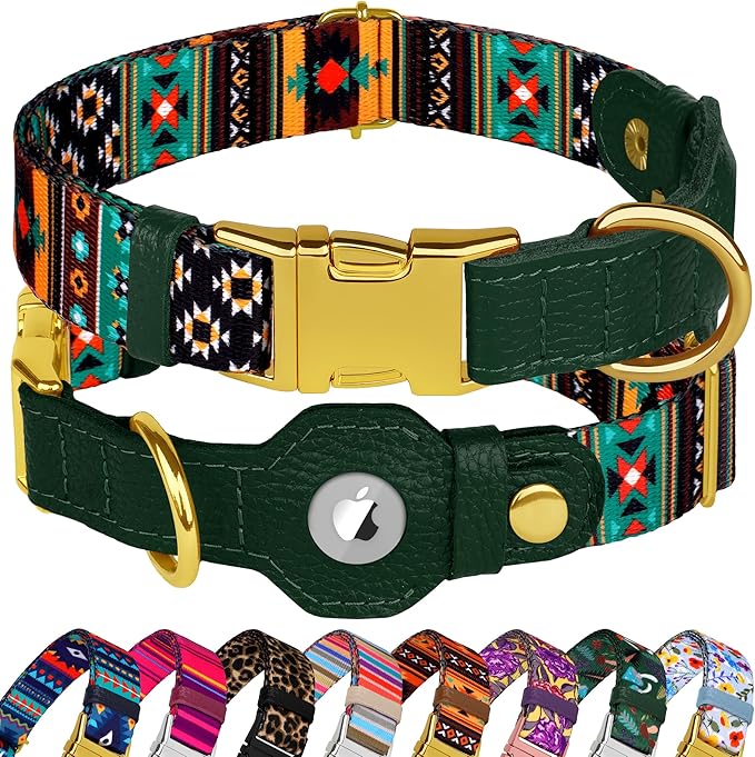 AirTag Dog Collar for Small Medium Large Breed - Adjustable Cute Pattern Dog Collar with Airtag Holder - Soft Leather Tracker GPS Apple Air Tag Pet Collars (X-Large, 20"-25" Neck Fit, Tribal)-PawvioPets