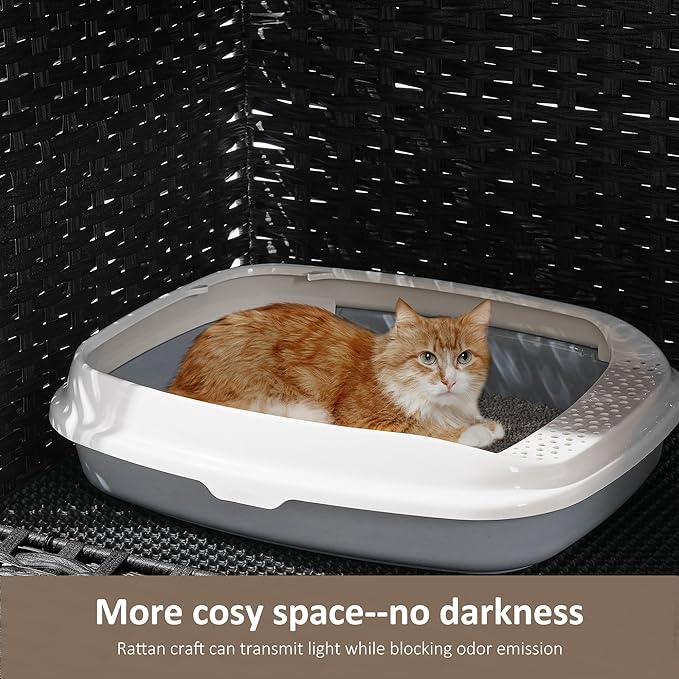Cat Litter Box Enclosure with Soft Litter Mat; Hidden Cat Washroom Furniture with Door; Handwoven Rattan Cat House with Large Space; Pet Crate for Living Room, Bedroom, Balcony (Black)-PawvioPets