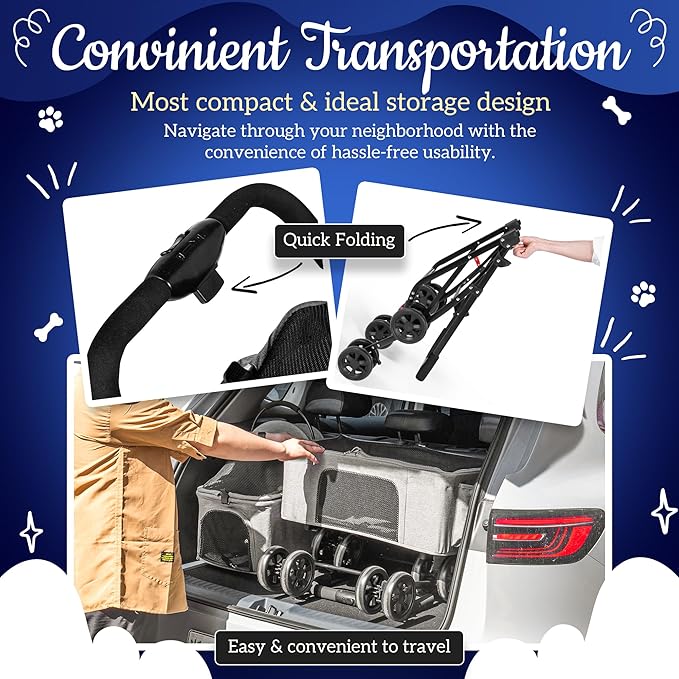 Detachable Pet Double Stroller with 4 Rolling Casters for 2 Pets – Lightweight Multifunctional Travel Stroller with Mesh Windows, Cup Holder, Sun Shades & Storage Pocket for Puppy and Kitty-PawvioPets