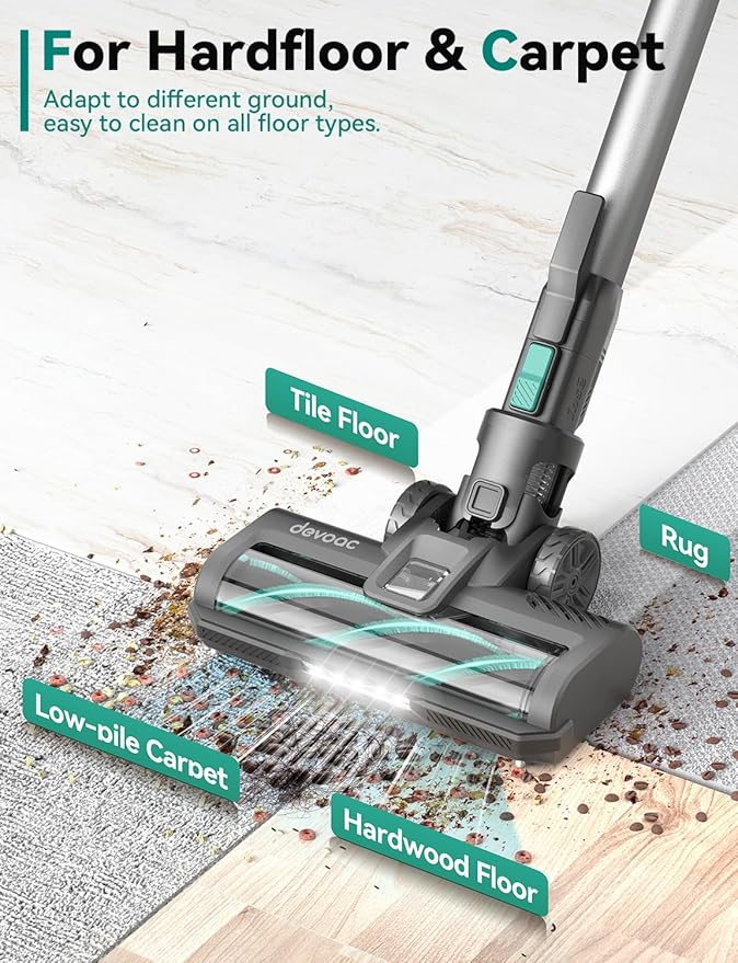 DEVOAC S10K Cordless Vacuum Cleaner, 45Kpa 50mins Lightweight Stick Vacuum with Powerful Suction for Home, Rechargeable, Self-Standing, Handheld Vacuum Cleaners for Hardwood Floors, Carpets, Pet Hair-PawvioPets