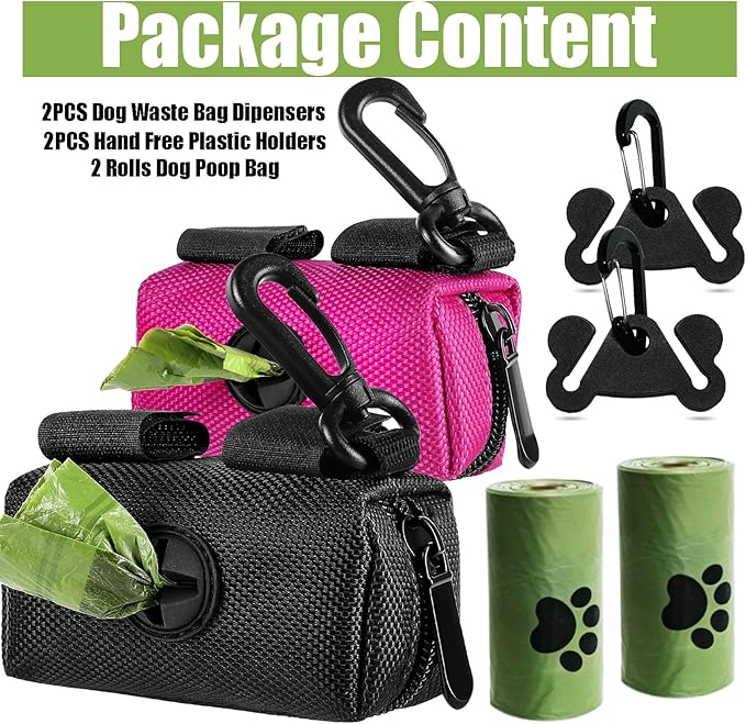 2Packs Dog Poop Bag Holder for Leash Attachment Dog Poop Bag Dispenser Dog Waste Bag Dispensers Dog Poop Bag Holders Fit Dog Leash Accessory With Hand Free Holder Carriers, Pink & Black-PawvioPets