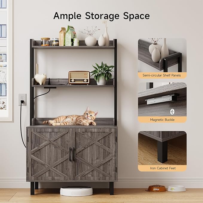 55 Inches Cat Litter Box Enclosure, Hidden Litter Box Furniture with 2 Storage Shelves and Charging Sockets, Wooden Cat House, Large Indoor Cabinet for Living Room & Entryway, Grey-PawvioPets