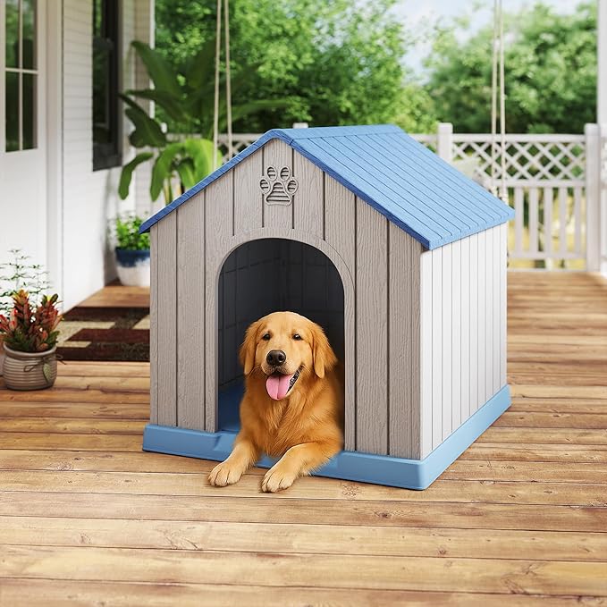 DRATO Indoor Outdoor Waterproof Dog House,PP Material,Puppy Shelter with Air Vents and Elevated Floor,Sturdy Dog Kennel for Small to Large Sized Dogs, Easy to Assemble (Blue, 38.62×36.26×38.07 Inches)-PawvioPets