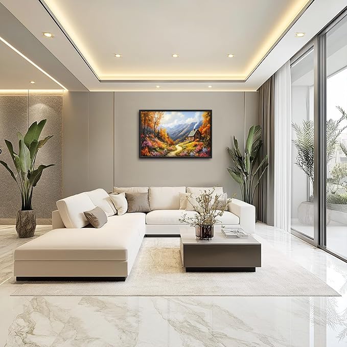 Framed Large Autumn Mountain Wall Art for Living Room, Oversized Wildflower Tree Wall Decor Nature Landscape Canvas Painting Modern Artwork Home Decoration for Living Room Bedroom 36"x24"-PawvioPets