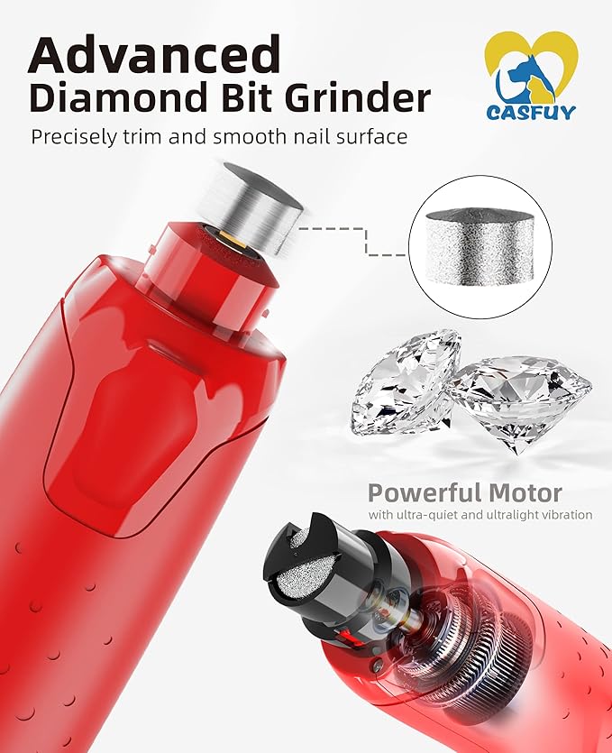Casfuy Dog Nail Grinder Quiet - (45db) 6-Speed Pet Nail Grinder with 2 LED Lights for Large Medium Small Dogs/Cats, Professional 3 Ports Rechargeable Electric Dog Nail Trimmer with Dust Cap(Red)-PawvioPets