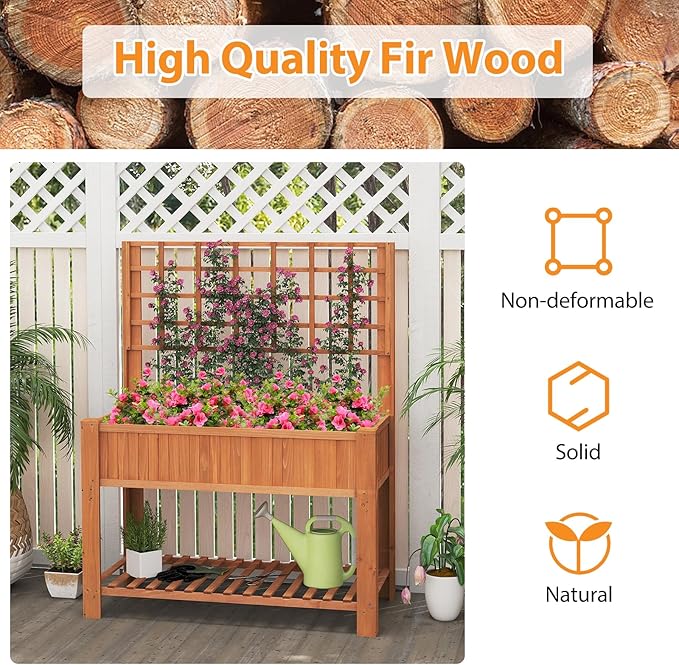 Giantex Raised Garden Bed with Trellis, Wooden Elevated Planter Box with Legs, Drainage Holes for Climbing Plants Vines Vegetables Flowers Herbs, Outdoor Horticulture Planter for Patio Yard (Brown)-PawvioPets