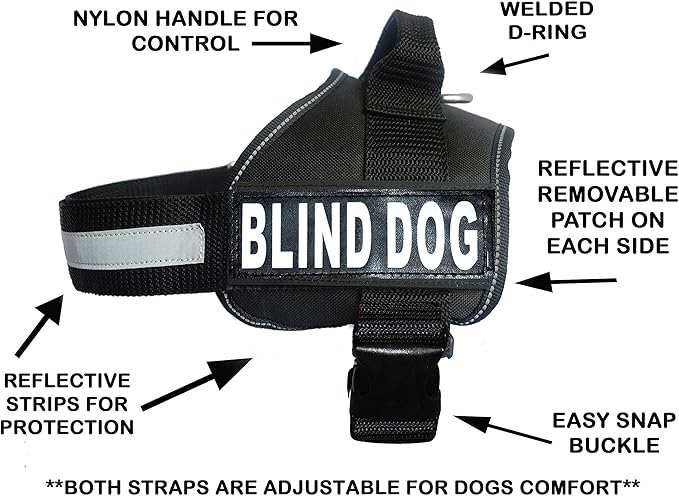 Doggie Stylz Blind Dog Vest Harness with Removable Patches and Reflective Trim. Comes with 2 Blind Dog Reflective Hook and Loop Patches. Measure Dogs Girth Before Purchase (Girth 30”- 42" Black)-PawvioPets